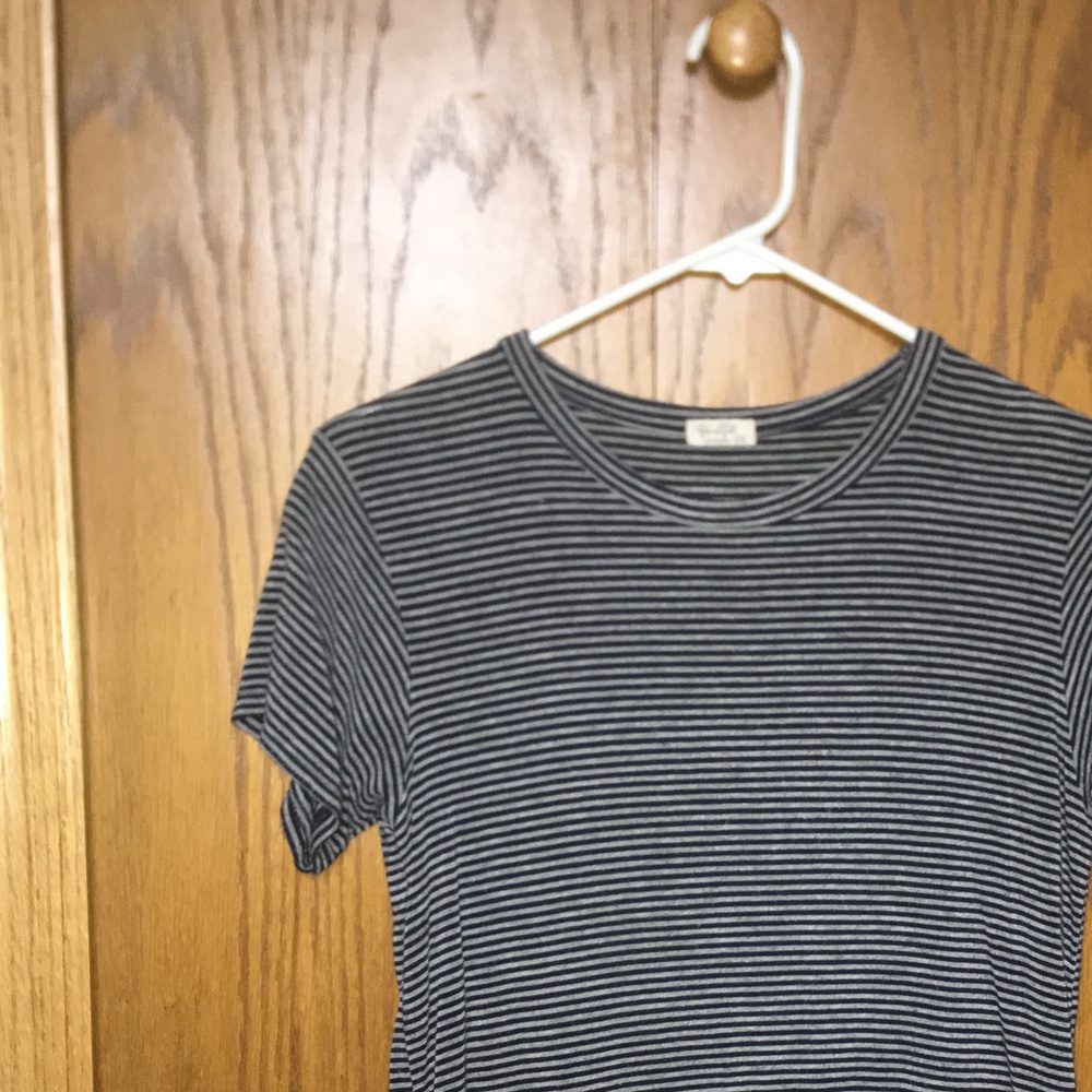 navy and gray striped shirt
